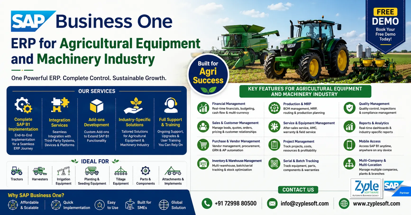 SAP Business One ERP for Agricultural Equipment and Machinery Industry provided by Zyple Software with implementation, integration, add-ons, support, and industry-specific solutions.