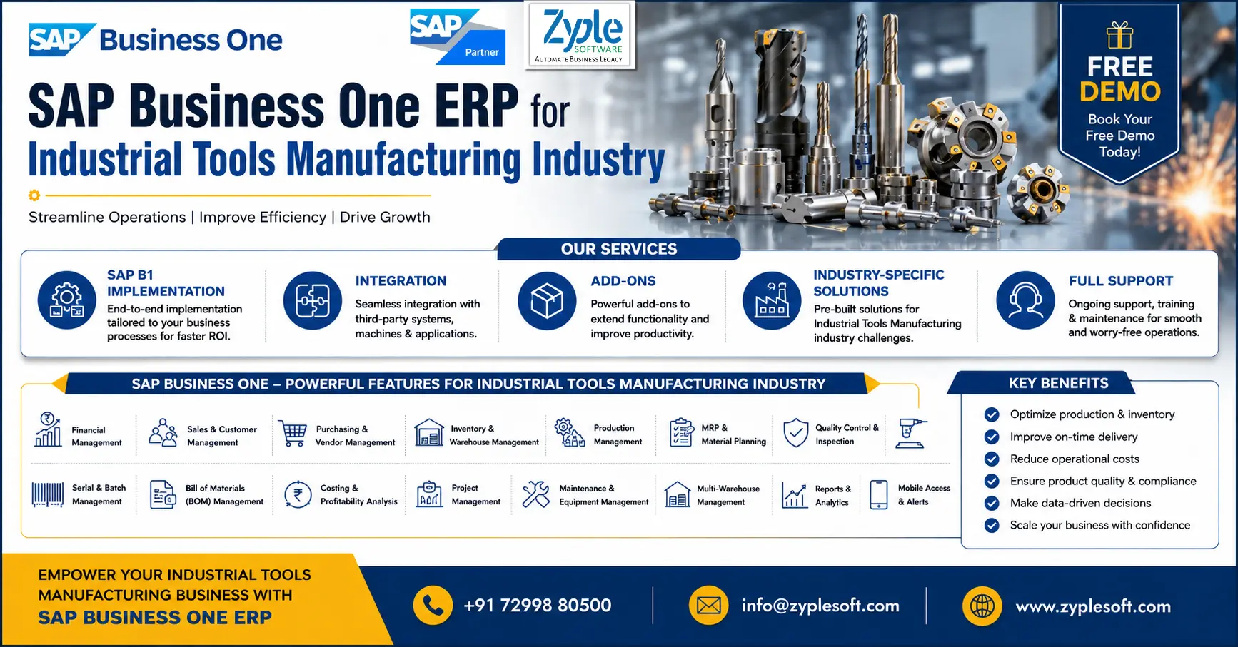 SAP Business One ERP for Industrial Tools Manufacturing Industry with production management, inventory control, MRP, quality management, warehouse management, and business analytics by Zyple Software