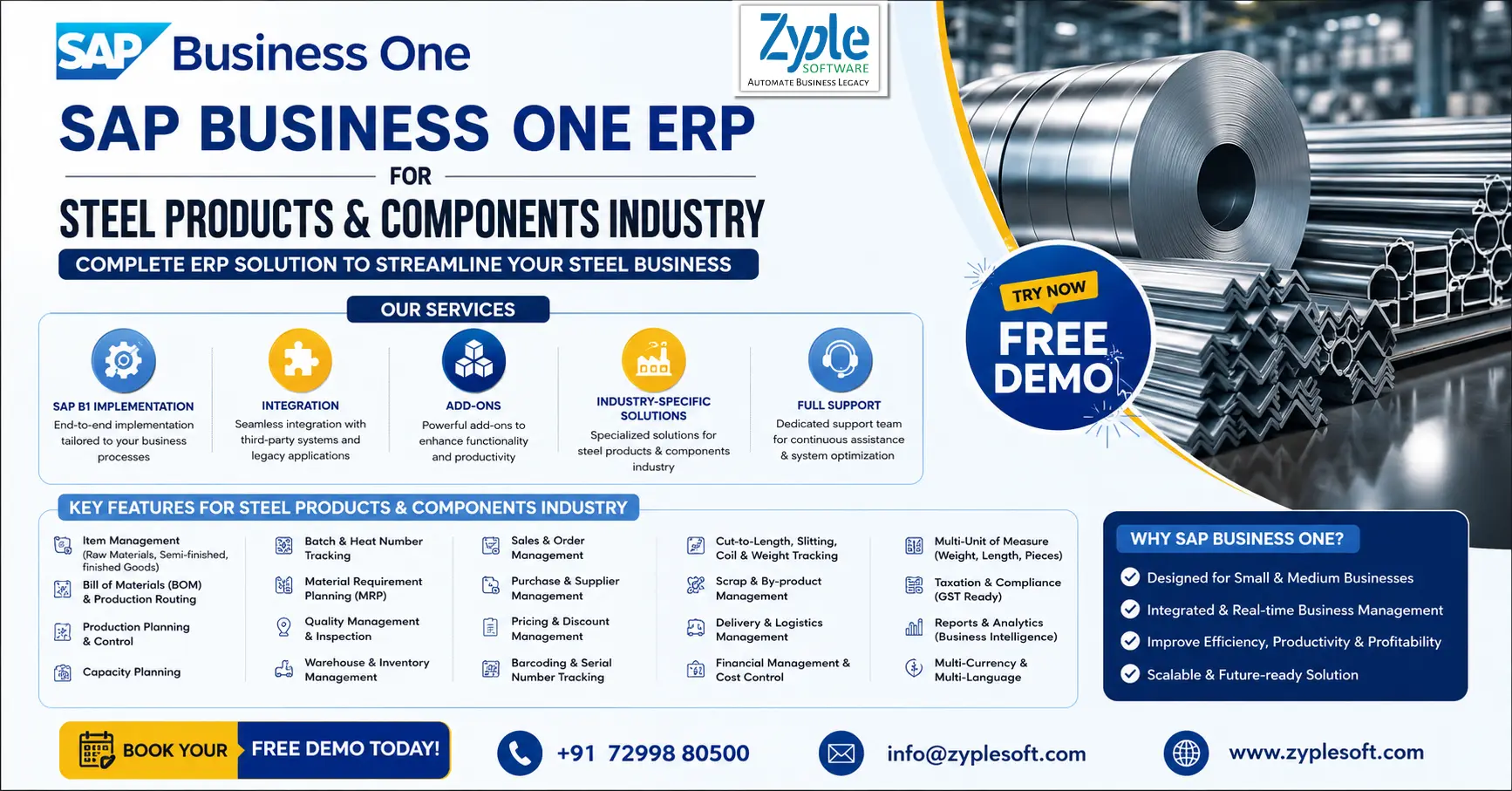 SAP Business One ERP for Steel Products and Components Industry by Zyple Software featuring inventory management, production planning, batch tracking, quality control, procurement, sales, logistics, and financial management.