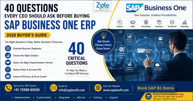 CEO evaluating SAP Business One ERP implementation with 40 essential questions covering ERP selection, implementation, ROI, manufacturing, construction, and business growth.
