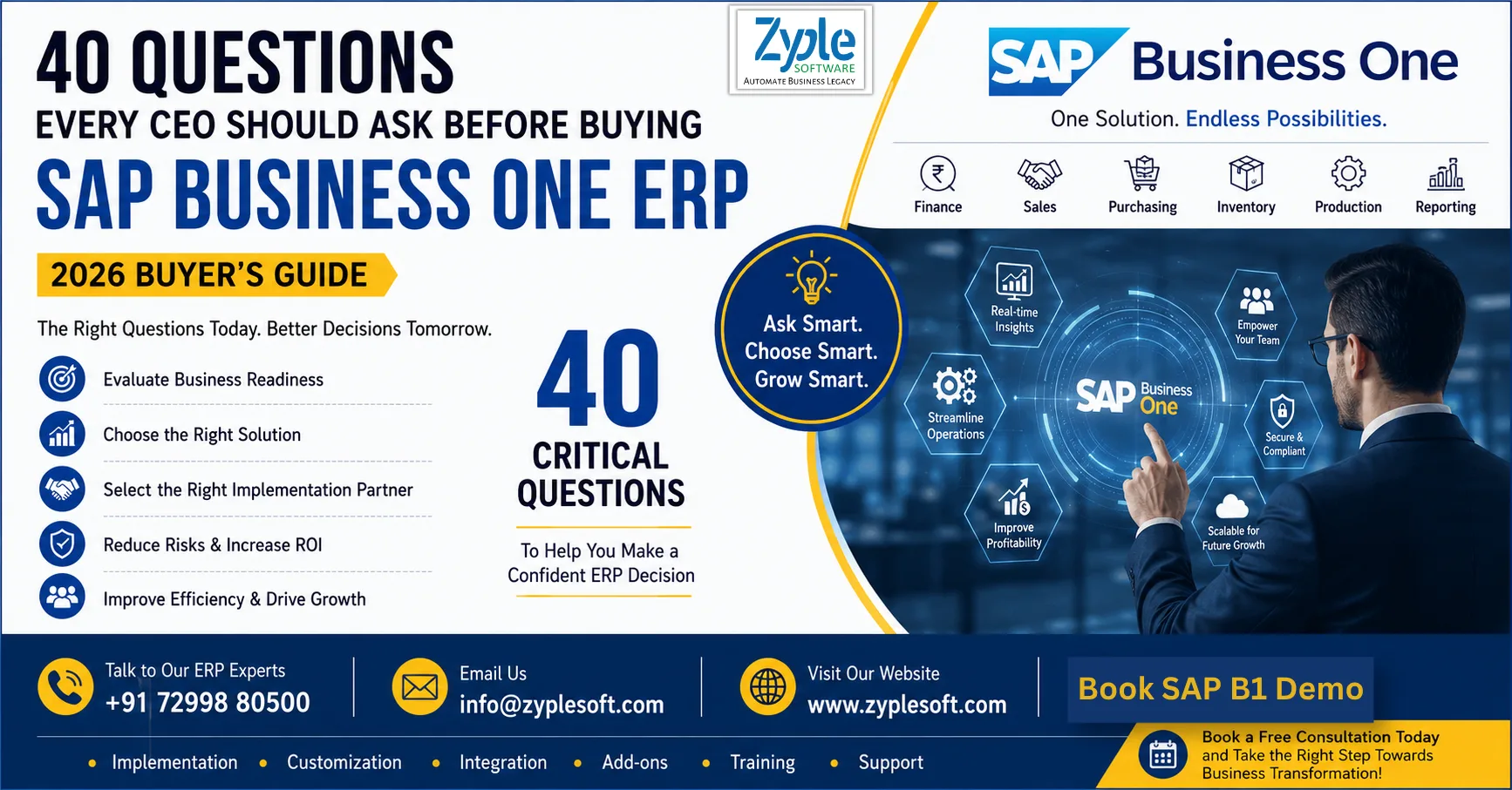 CEO evaluating SAP Business One ERP implementation with 40 essential questions covering ERP selection, implementation, ROI, manufacturing, construction, and business growth.