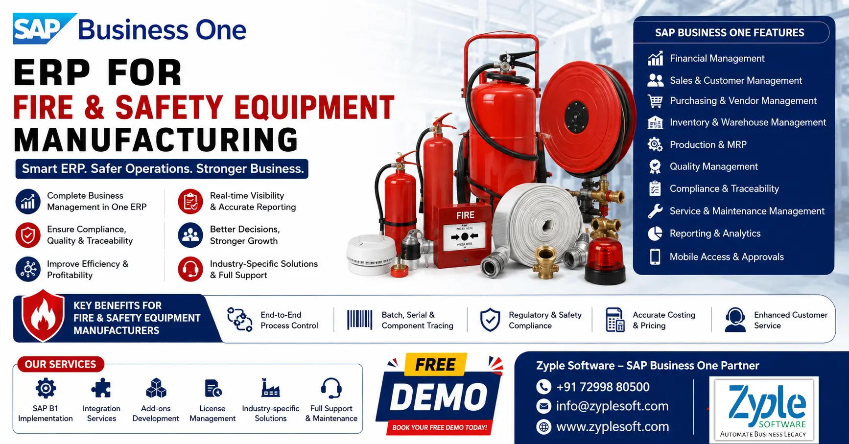 SAP Business One ERP for Fire and Safety Equipment Manufacturing with production, inventory, MRP, quality, compliance, and traceability features