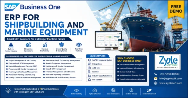 SAP Business One ERP for Shipbuilding and Marine Equipment by Zyple Software featuring project management, inventory control, procurement, production planning, asset management, and marine industry ERP solutions.