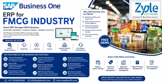 SAP Business One ERP for FMCG Industry by Zyple Software featuring inventory management, batch tracking, warehouse management, sales, distribution, production planning, and Free Demo.