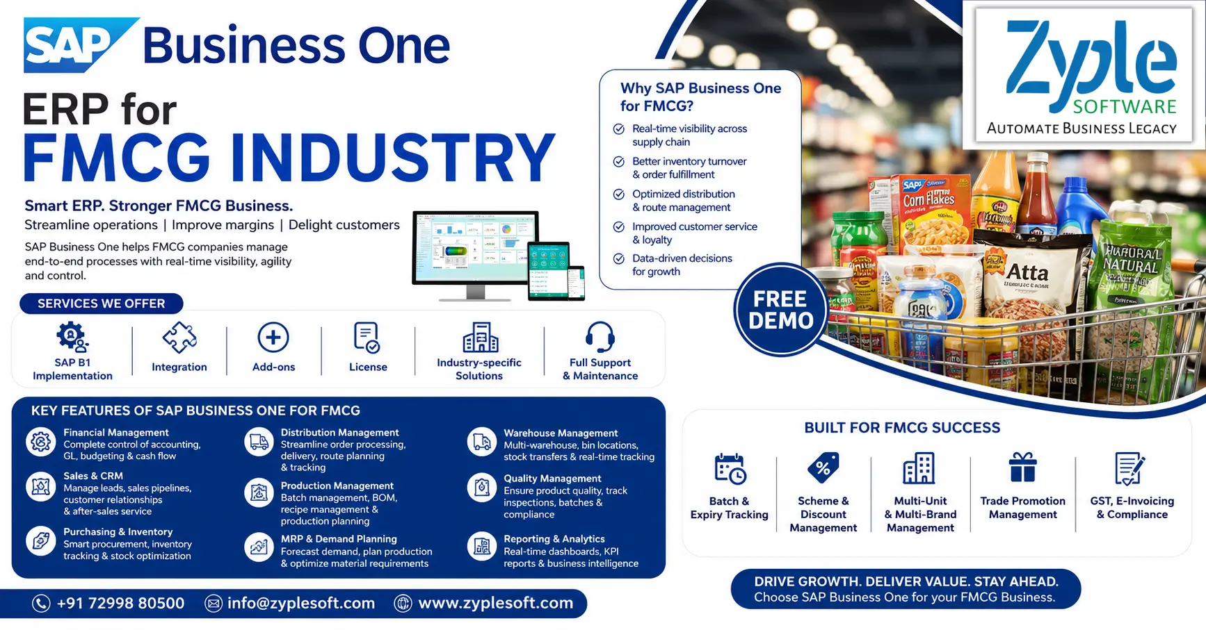 SAP Business One ERP for FMCG Industry by Zyple Software featuring inventory management, batch tracking, warehouse management, sales, distribution, production planning, and Free Demo.