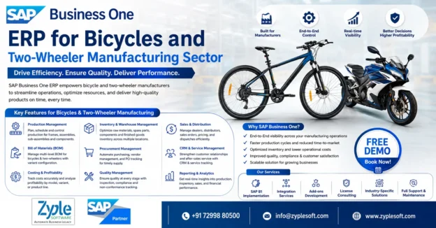 SAP Business One ERP for Bicycles and Two-Wheeler Manufacturing Sector provide by zyple software– Production, Inventory, Quality and Cost Management