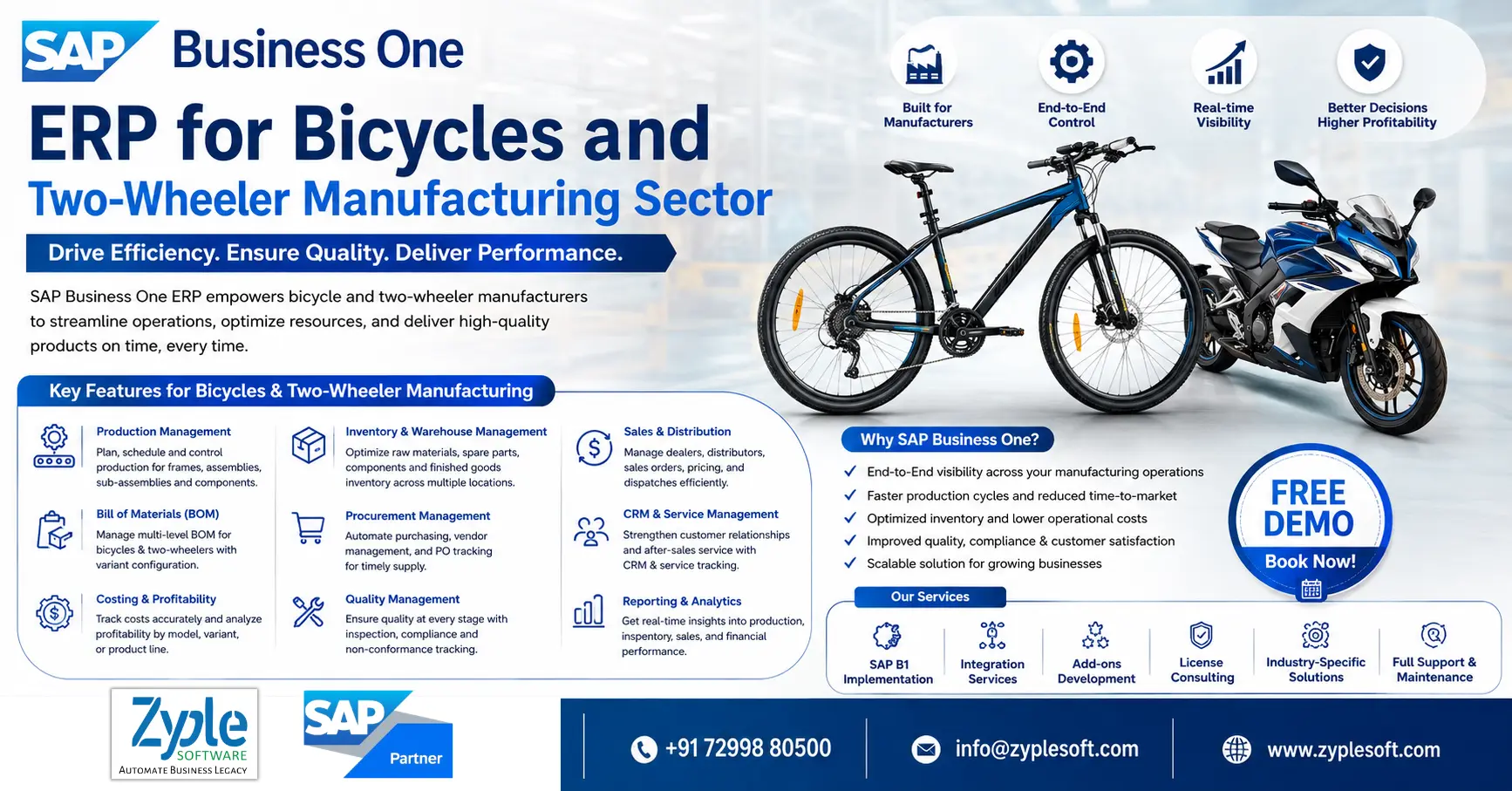 SAP Business One ERP for Bicycles and Two-Wheeler Manufacturing Sector provide by zyple software– Production, Inventory, Quality and Cost Management